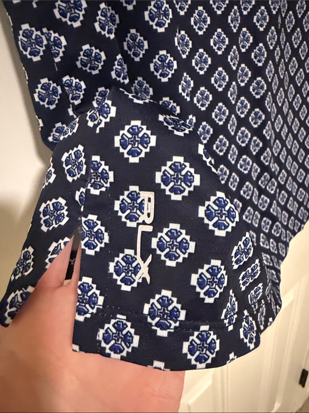 RLX Ralph Lauren Navy Short-Sleeve Polo with White Geometric Print - Picture 3 of 8